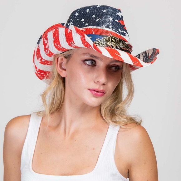 New Patriotic Western USA Flag Paper Braid Cowboy Hat